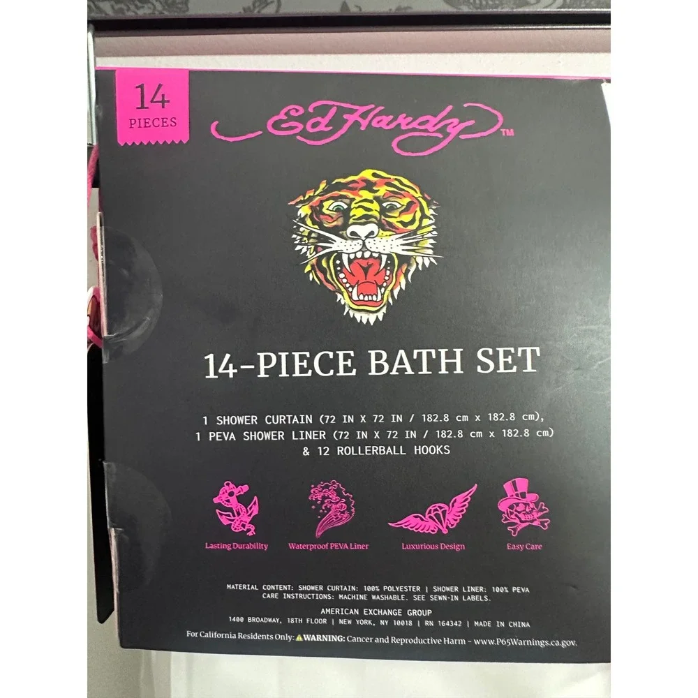 NWT Ed Hardy 14 Pc Shower Curtain Set Tattoo Eagle Heart Y2K Goth Bathroom Decor